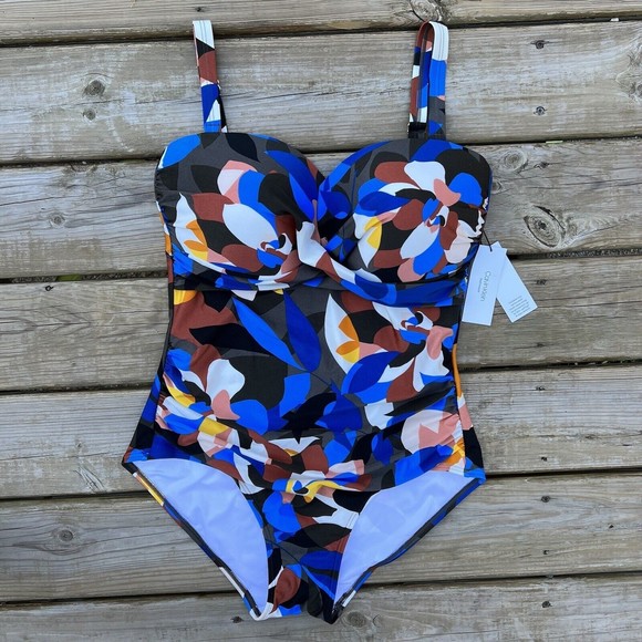 Calvin Klein Other - Calvin Klein NECTAR MULTI Molded Split Cup Bandeau One-Piece Swimsuit US 16 NWT